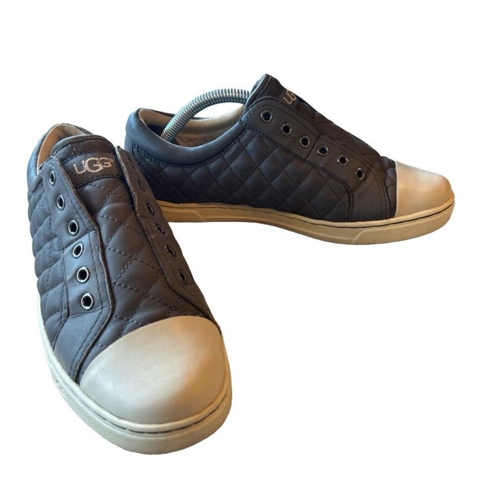 UGG Women's 8 Jemma Gray Quilted Casual Leather Slip On Shoes Laceless Sneakers